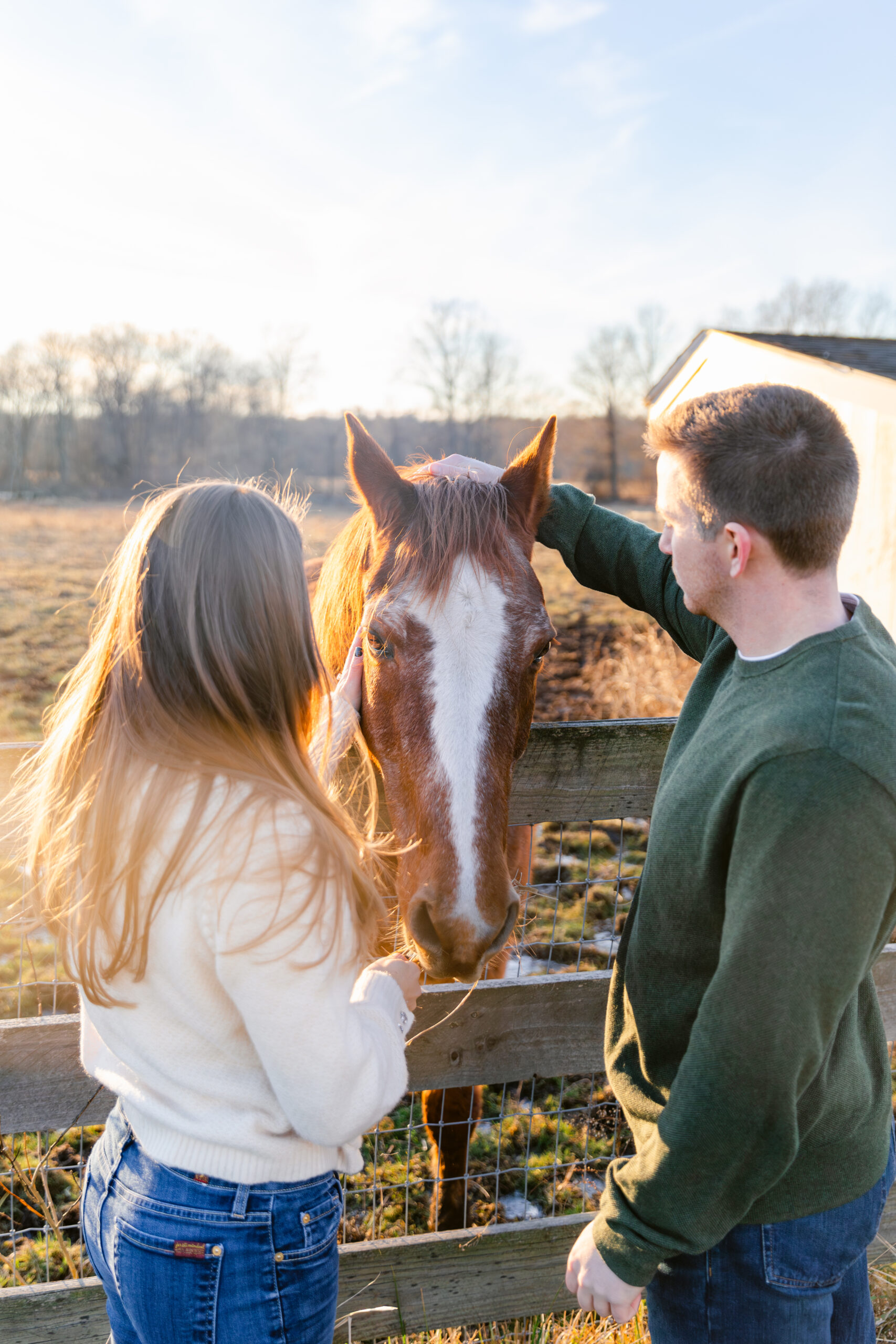 Couple petting a horse on a farm