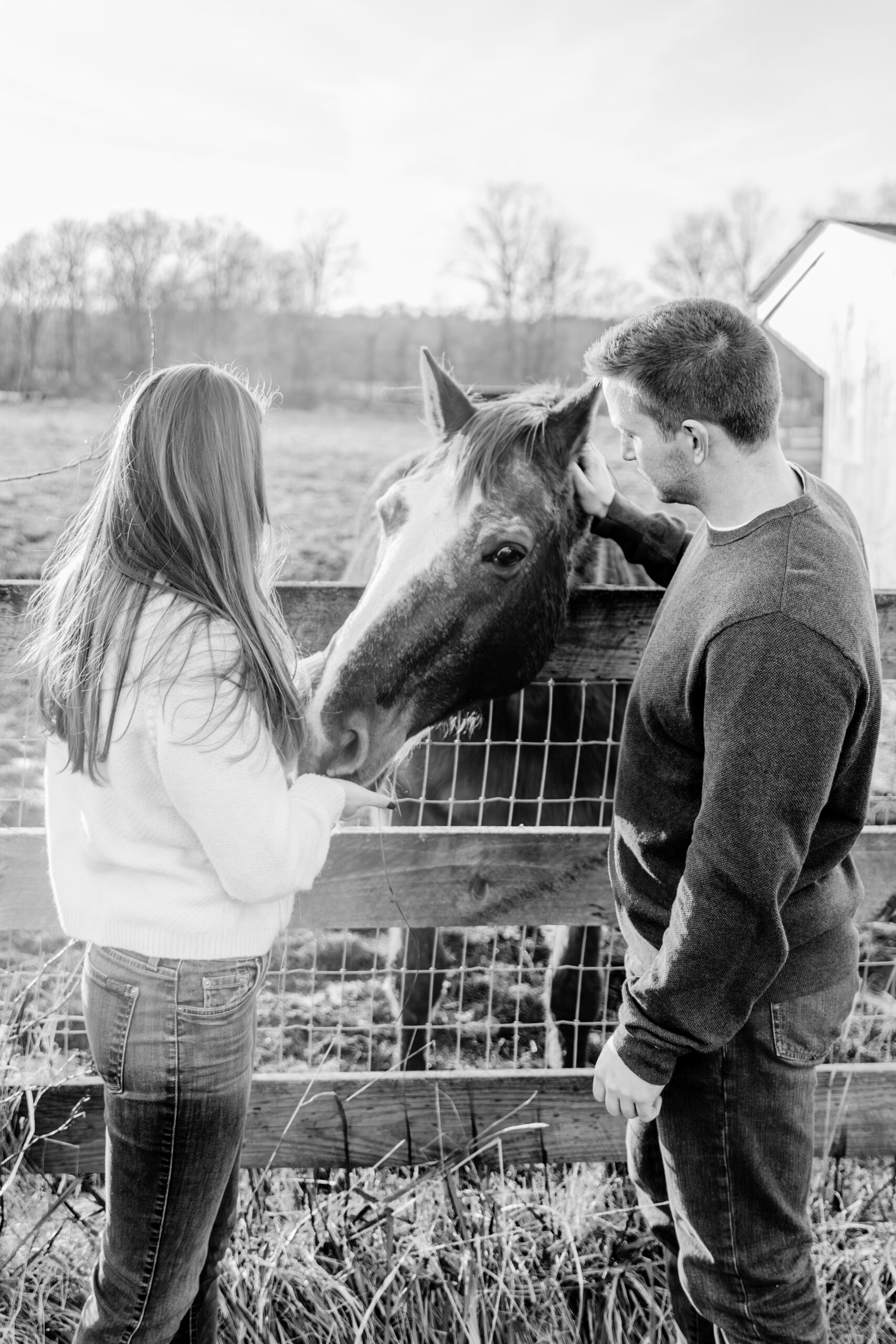 Black and white photo of a couple feeding a horse 