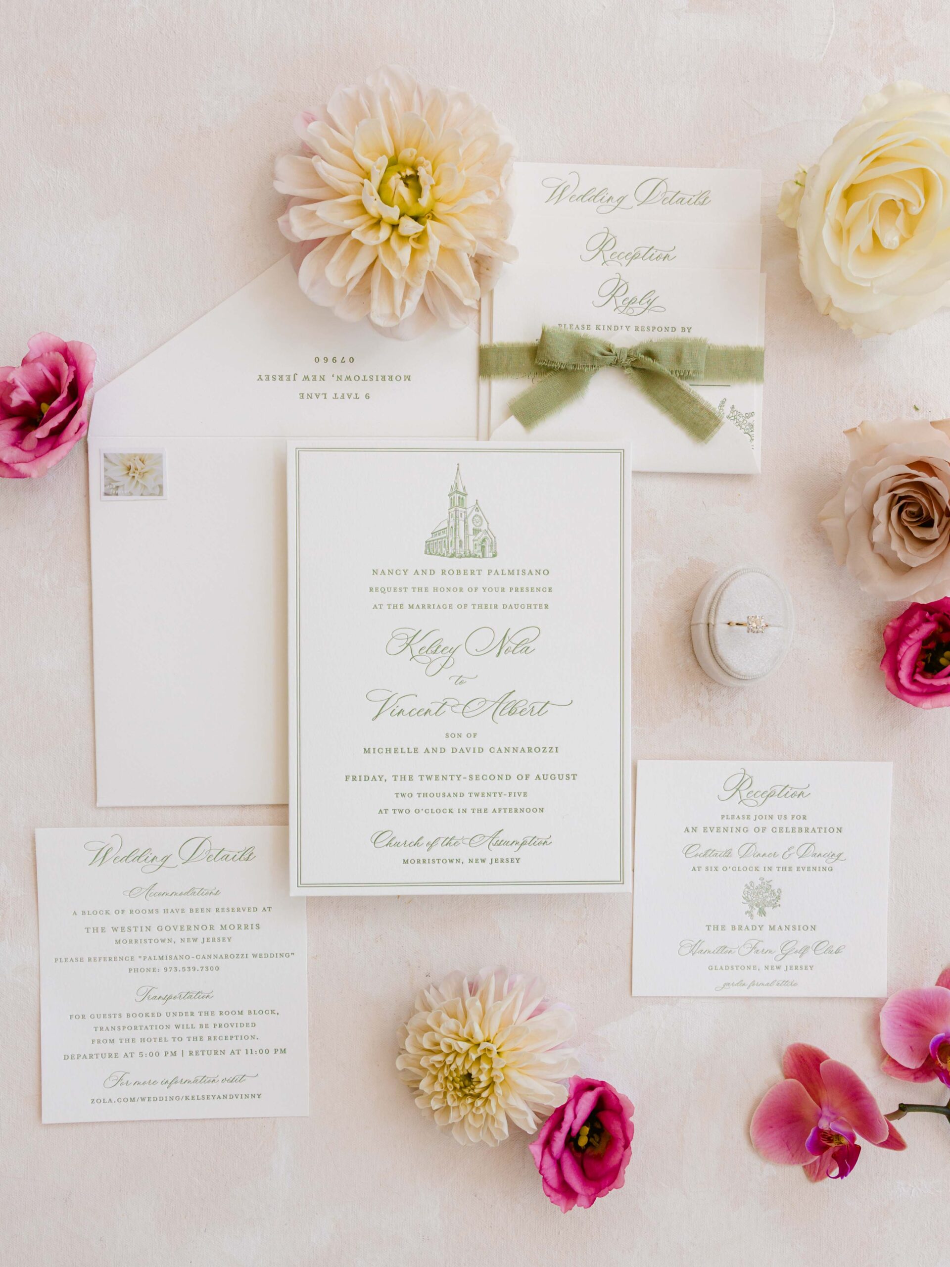 green letter press wedding invitations