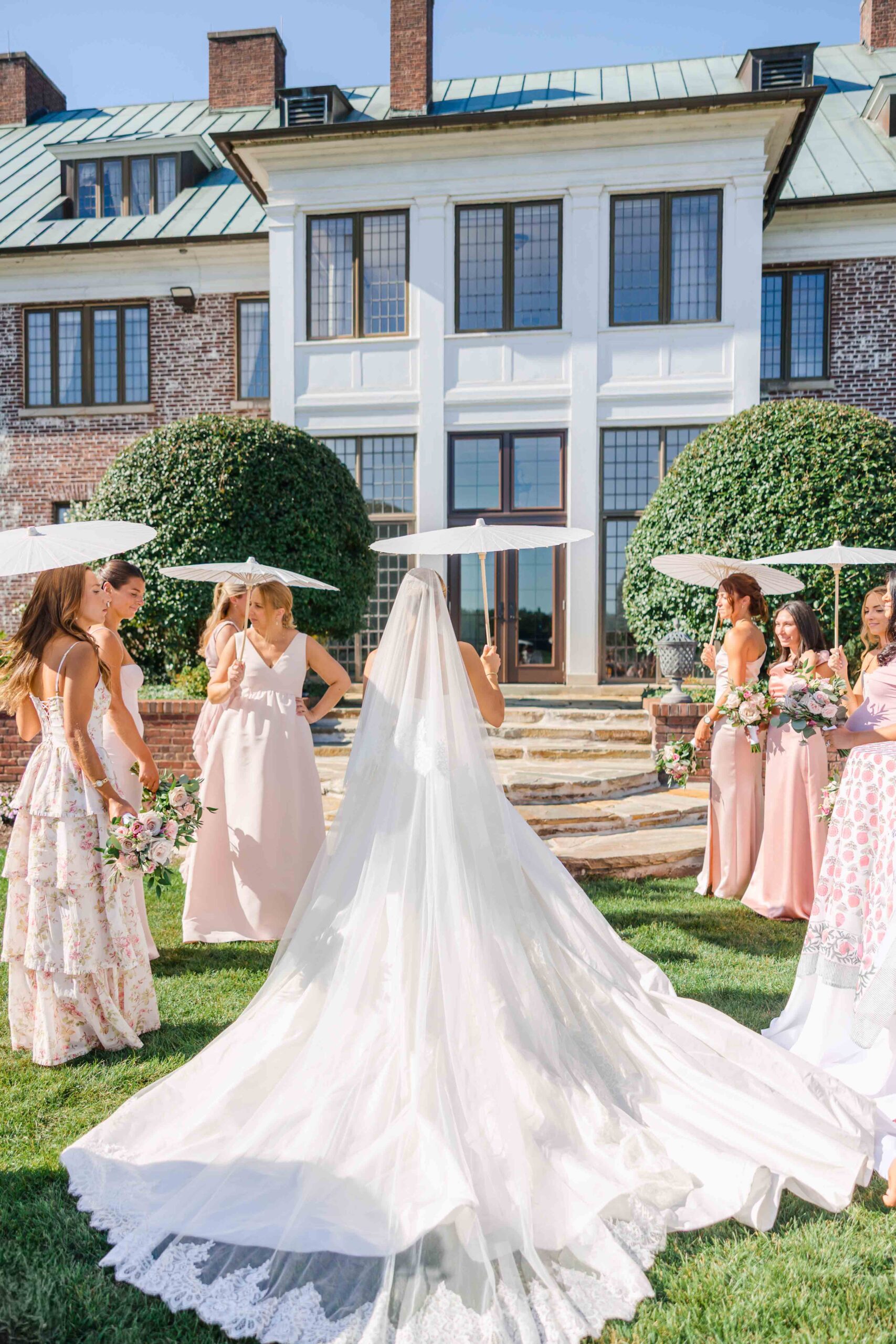 wedding party photo with paroles. back of brady mansion