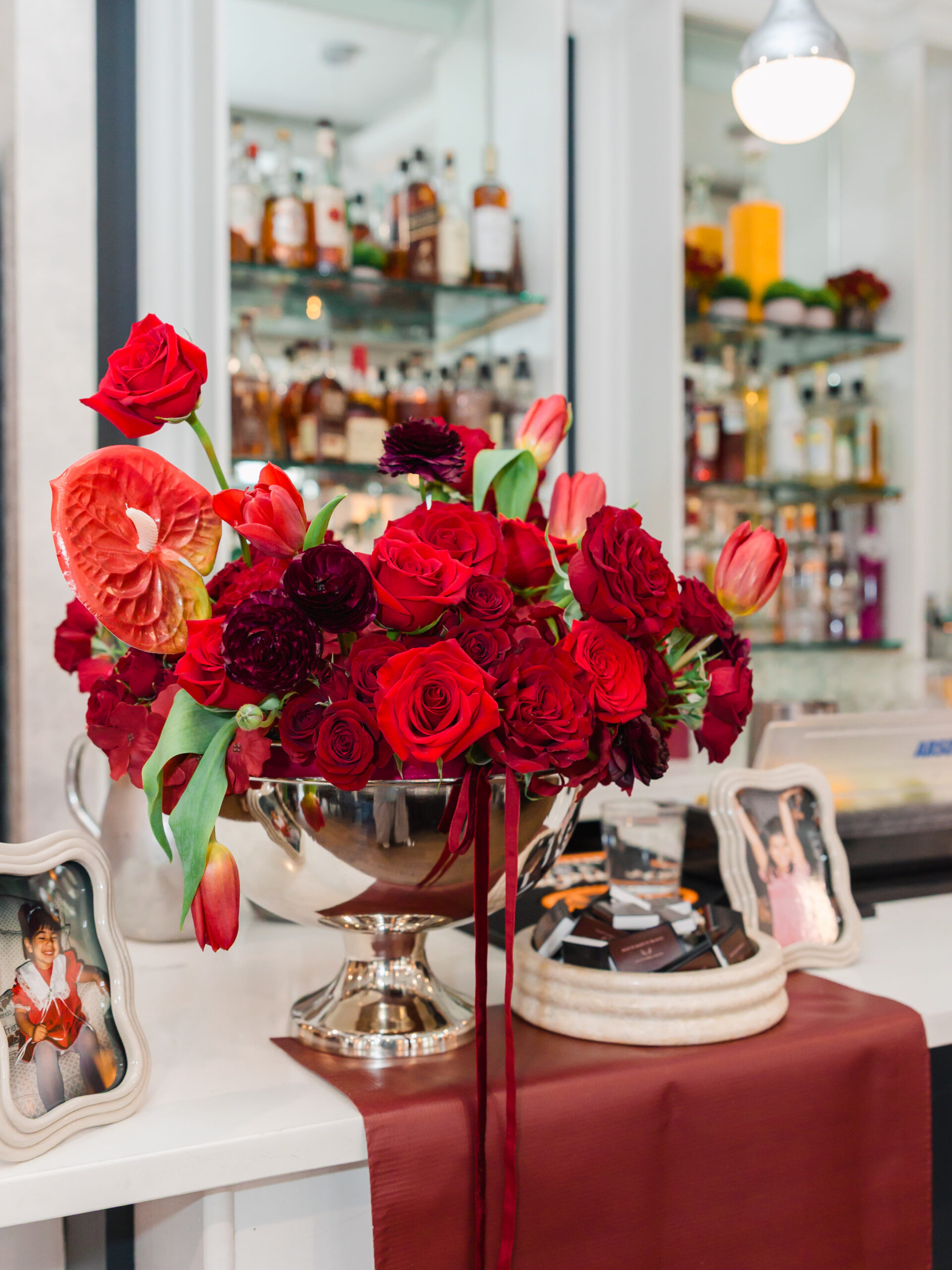 bar decor flowers and match boxes